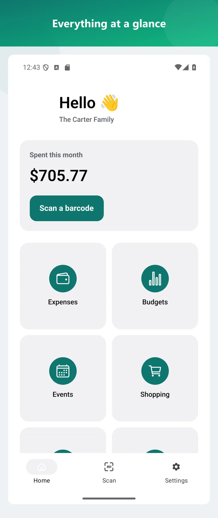 Home dashboard — the whole household at a glance