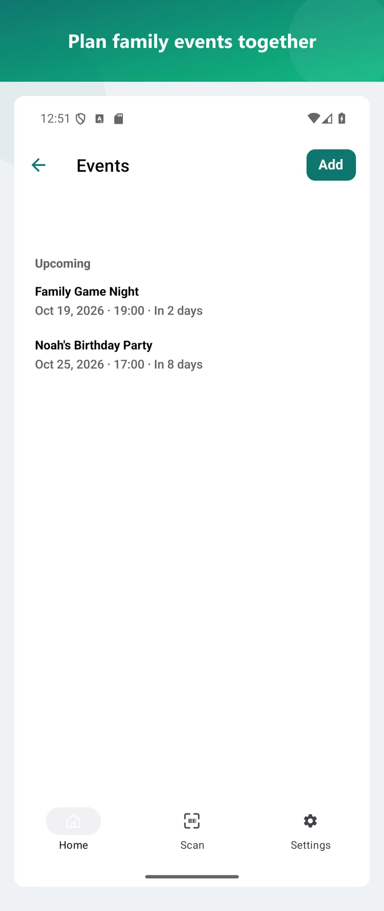 Family events with invitees and RSVPs